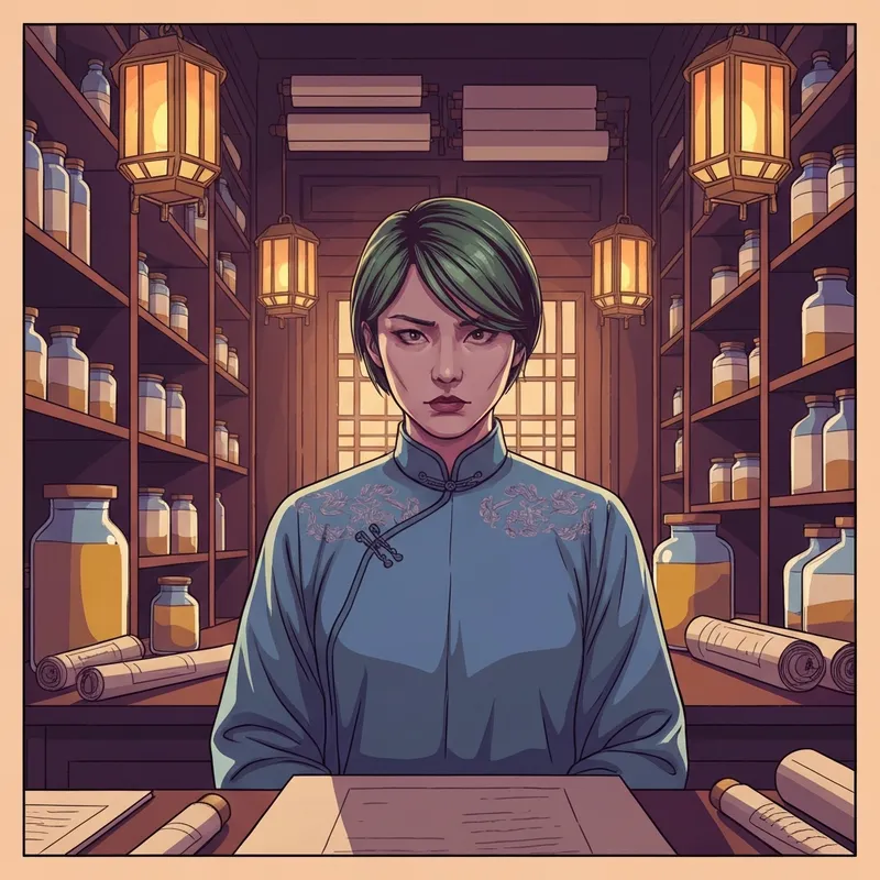 A detailed illustration of Maomao from The Apothecary Diaries in an imperial pharmacy, representing the analytical world of apothecary diaries batoto.