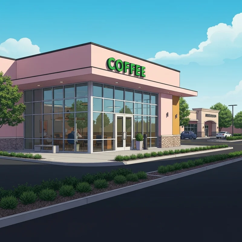 The exterior of a modern starbucks livermore location with a busy drive-thru during a sunny morning.