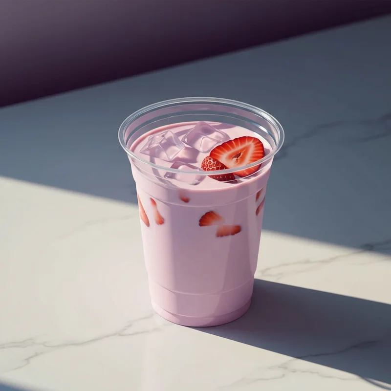 A close-up of a Starbucks beverage to answer does the starbucks pink drink have caffeine with strawberry slices.