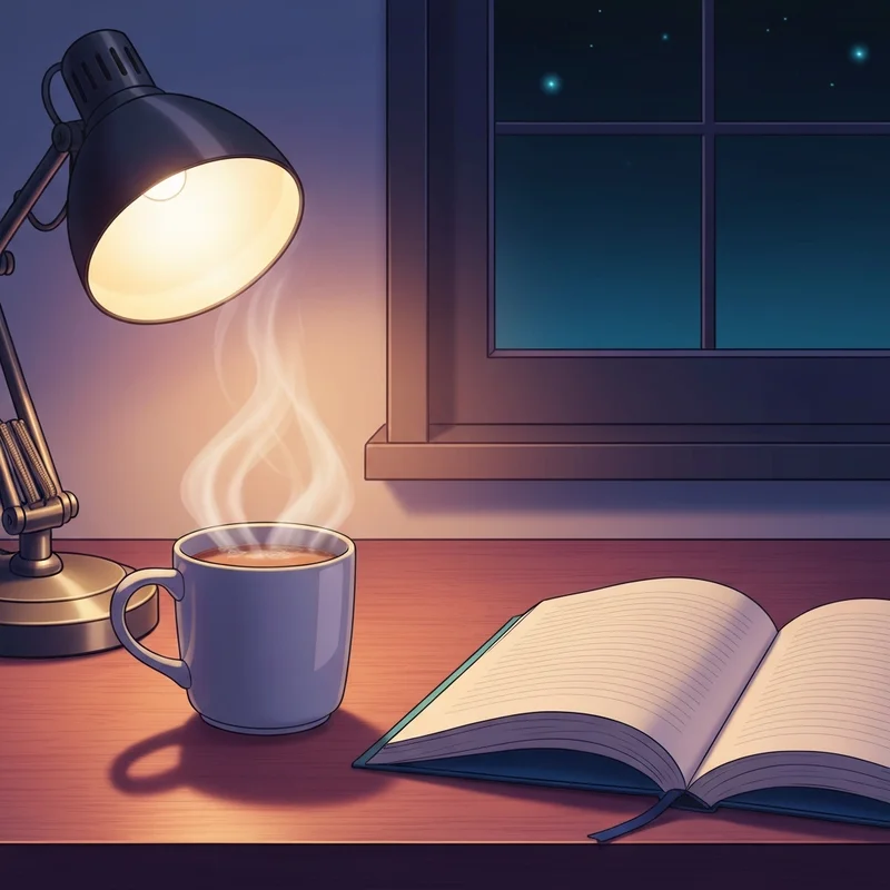A cozy desk setup featuring a steaming mug of black milk tea for a main character ritual.