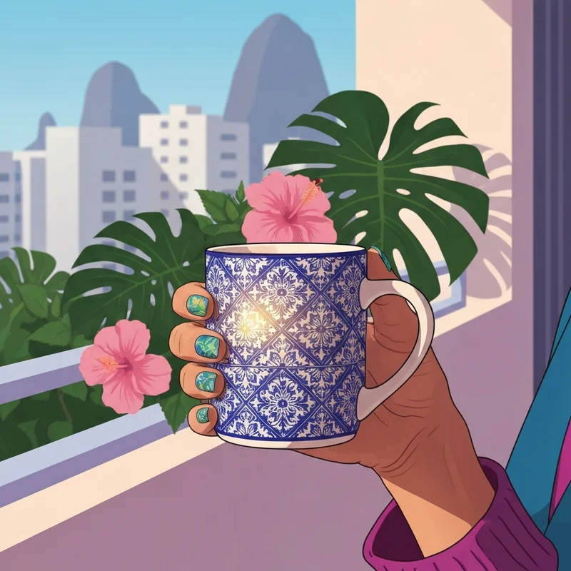 A vibrant ceramic mug from the starbucks farm rio 2025 collection held against a tropical Brazilian background.