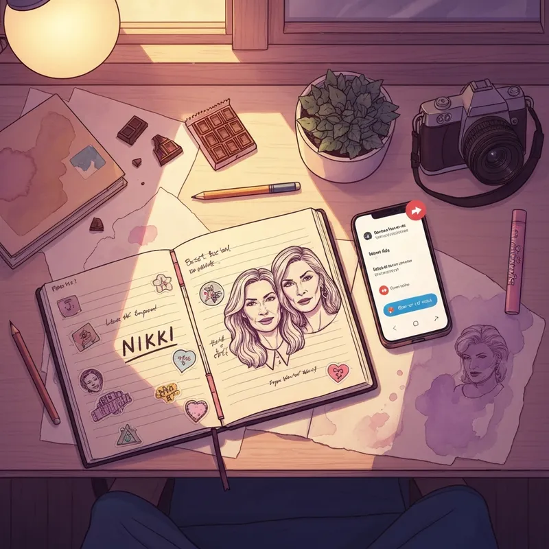 A cozy desk setup featuring a Nikki Dork Diaries style journal with doodles and a glowing smartphone, symbolizing authentic social connection.
