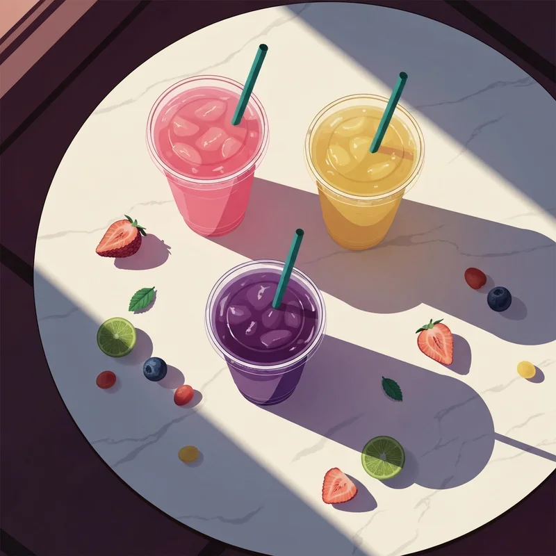 A collection of colorful starbucks refreshers drinks on a marble table showing the aesthetic variety of the menu.