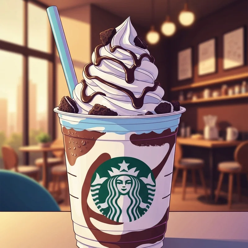A delicious and aesthetic oreo frappuccino starbucks with whipped cream and cookie crumbles in a sunlit cafe.