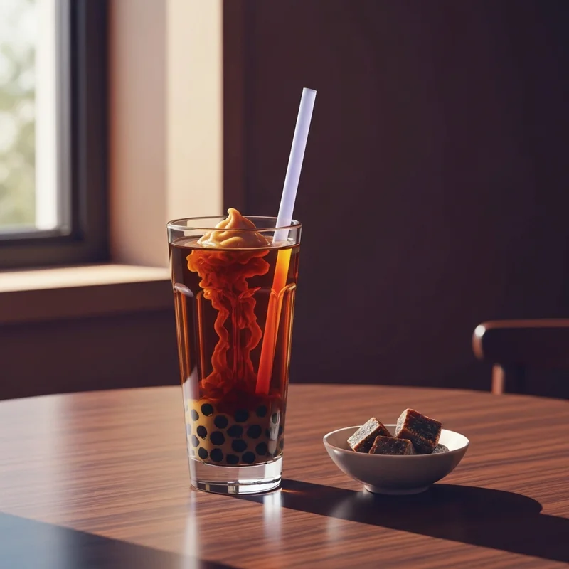 A sophisticated glass of Okinawa Milk Tea with dark Kokuto sugar swirls and tapioca pearls in a minimalist cafe.