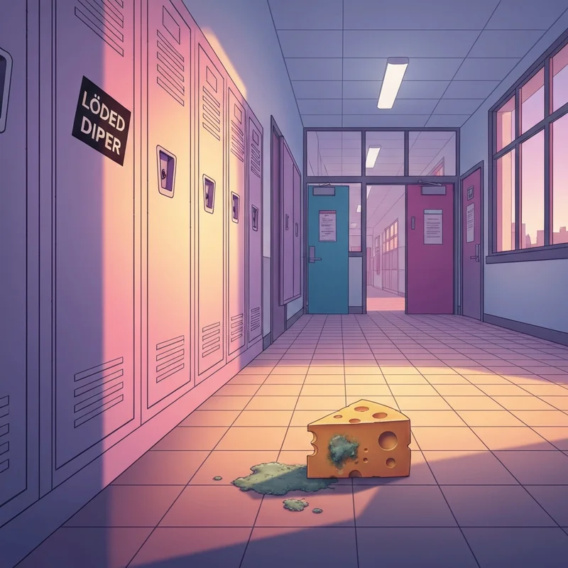 A nostalgic middle school hallway setting representing all diary of a wimpy kid movies with the iconic cheese and Rodrick's band logo.