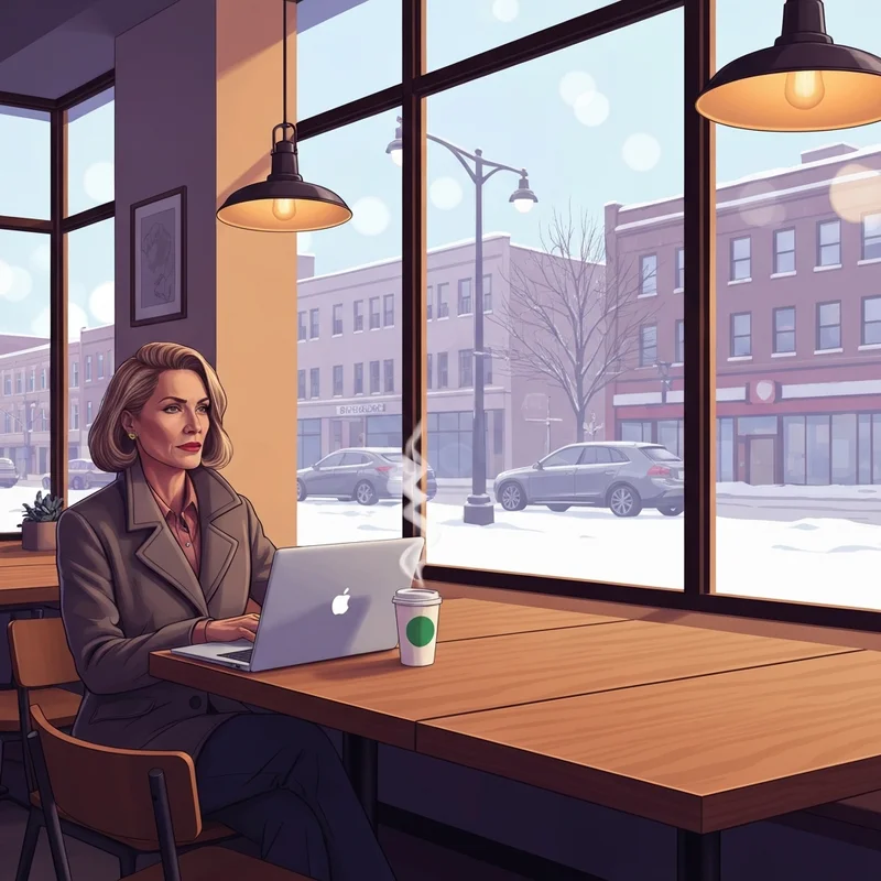 A person working on a laptop in a cozy fargo nd starbucks during a snowy winter day.