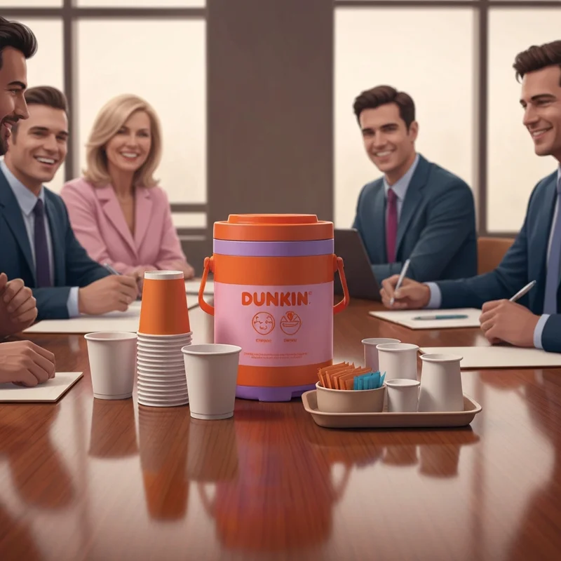 A professional office setting featuring a Dunkin Donuts Box O' Joe on a conference table to illustrate group coffee logistics.