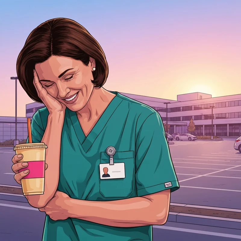 A healthcare professional enjoying a dunkin doughnuts free coffee for nurses after a long shift.