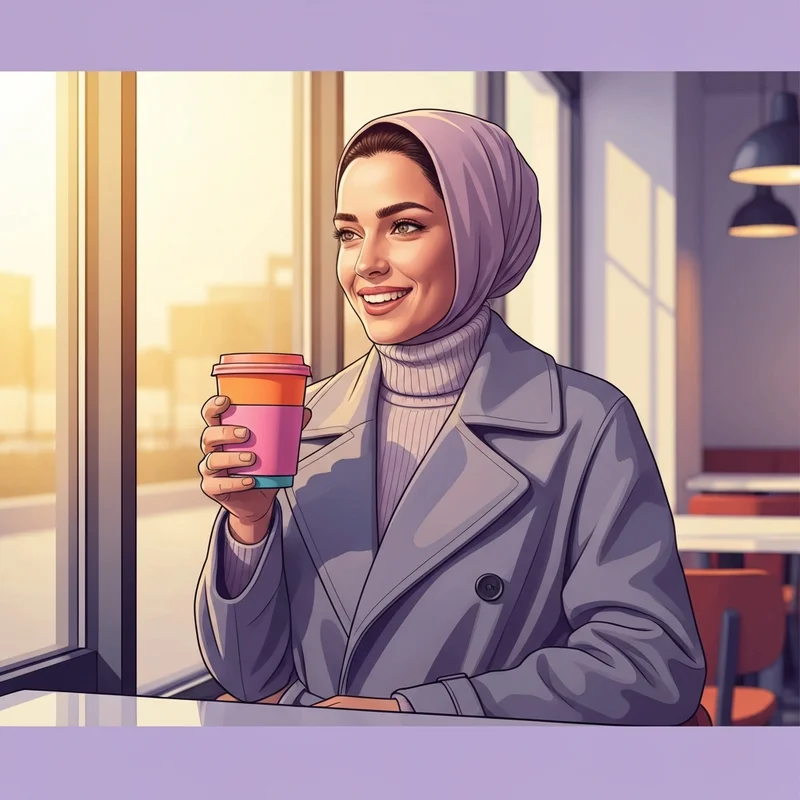 A young woman holding a cup from one of the kosher dunkin doughnuts locations in a modern city setting.