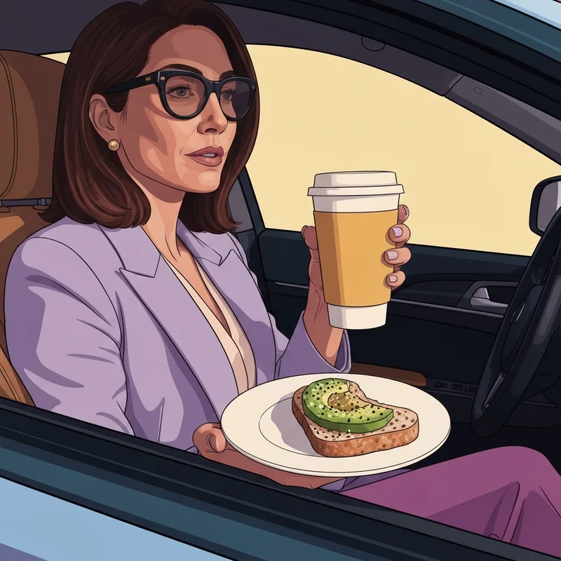 A woman enjoying a dunkin donuts avocado toast in her car during a morning commute.