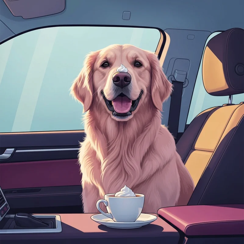 A happy Golden Retriever enjoying a Starbucks Puppuccino in a car during a morning coffee run.