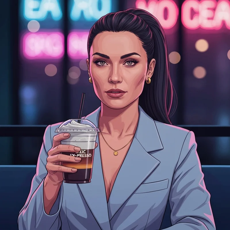 A stylish woman enjoying the new dunkin donuts drinks Toxic Ex-Presso Cloud Latte in a neon cafe.