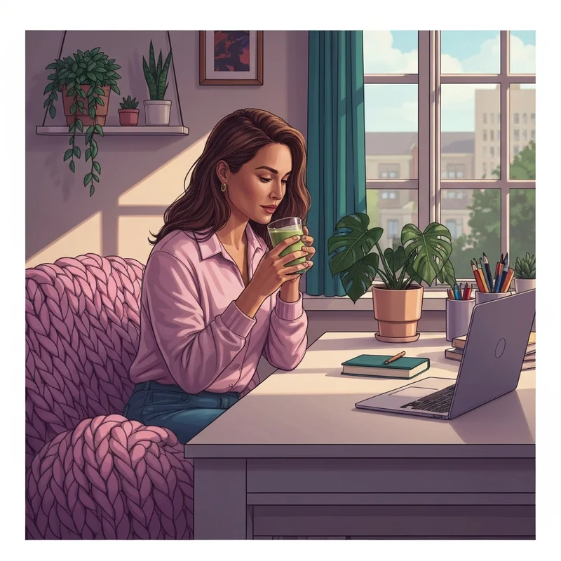 A young professional woman engaging with reddit money diaries on her phone in a cozy, aesthetic apartment setting.