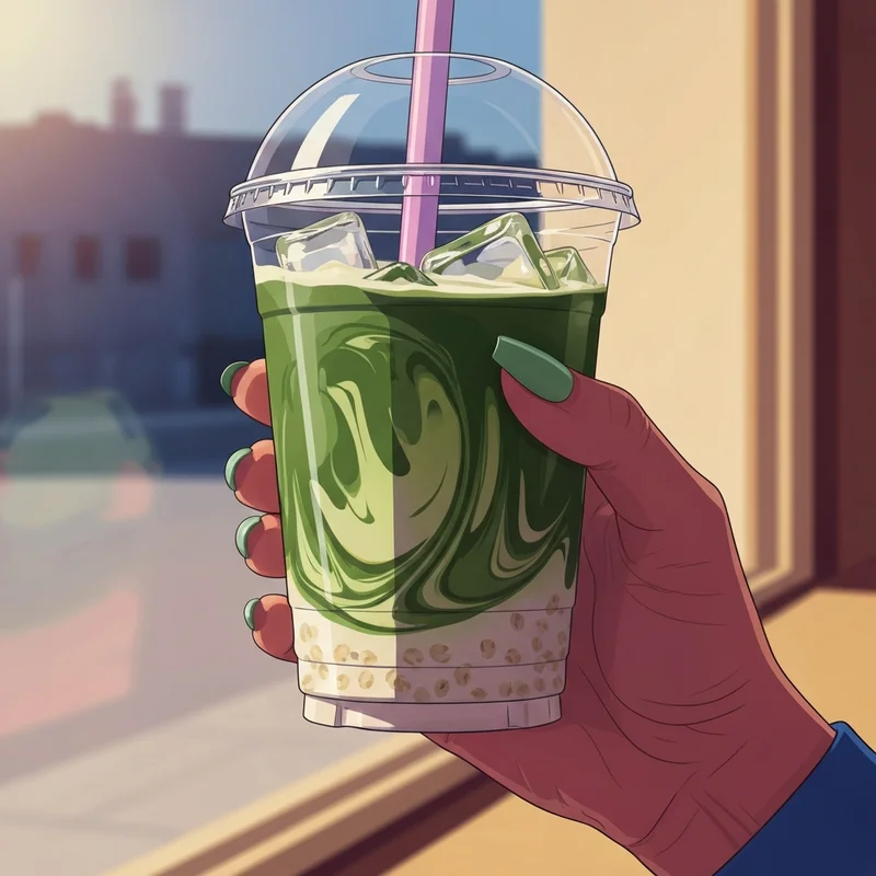 A hand with trendy sage green nails holding a Dunkin iced matcha with vibrant green swirls and ice cubes.