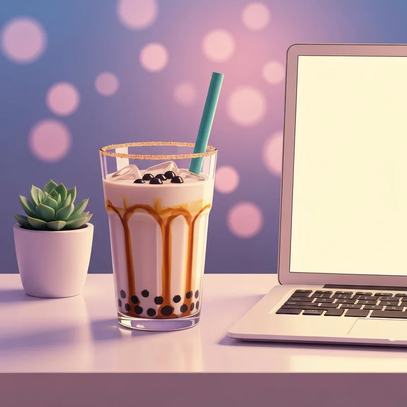 A close-up of a delicious boba drink on a desk, answering the question does milk tea have caffeine for a student studying late.