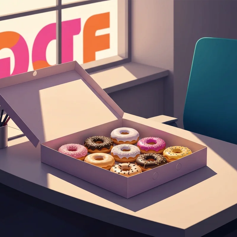 A box of assorted treats showing how much are donuts from dunkin in a modern office setting.