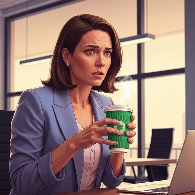 A professional woman experiencing jitters after drinking a high amount of how much caffeine in starbucks coffee in a modern office.