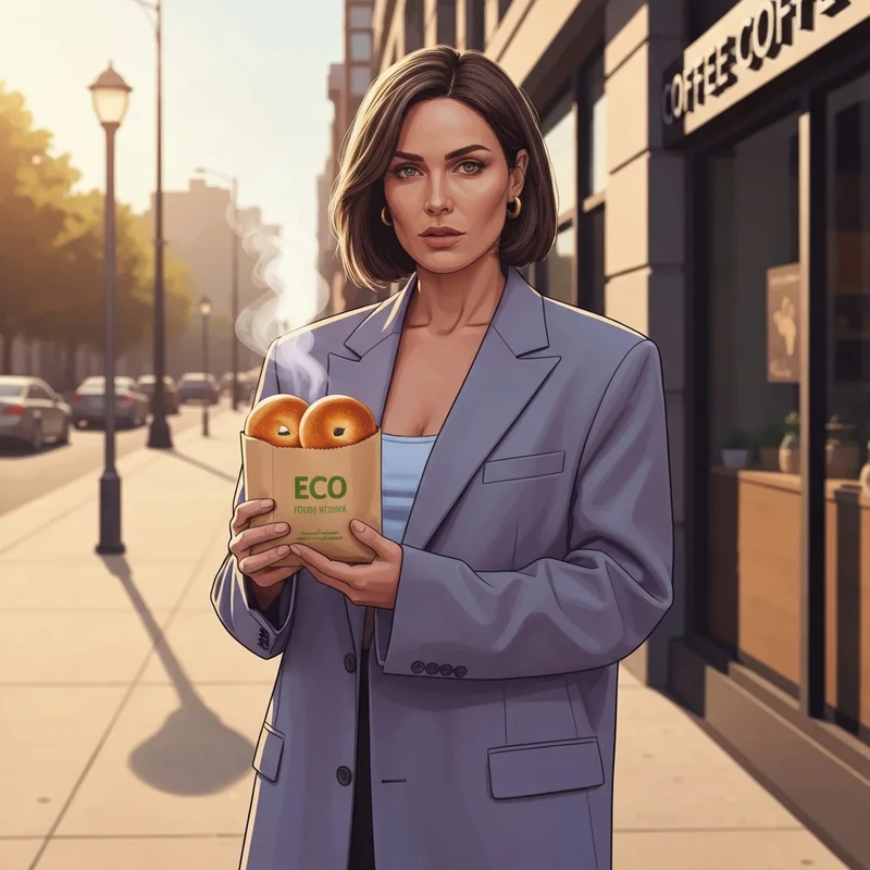 A young woman enjoying dunkin bagel minis during her morning commute in a busy city.