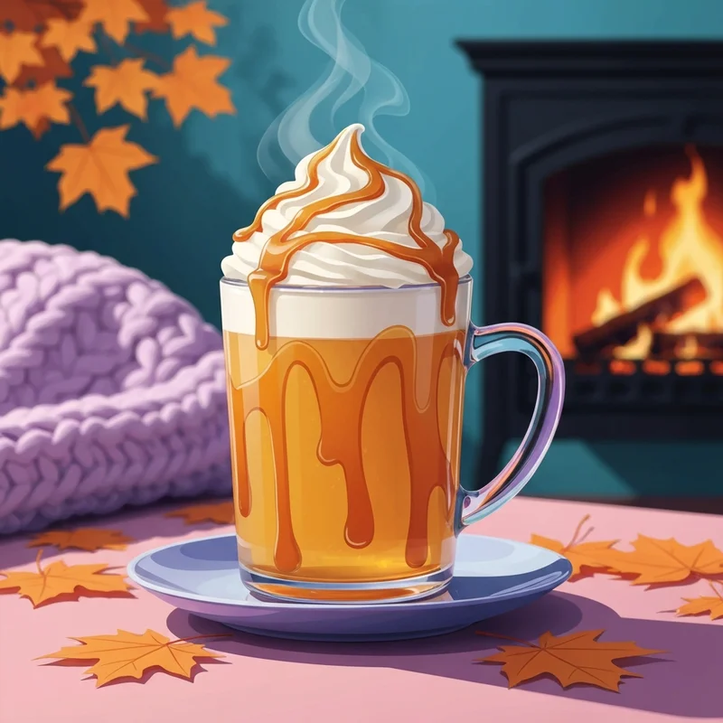 A cozy autumn scene featuring a homemade version of the Starbucks Caramel Apple Spice topped with whipped cream and caramel drizzle.