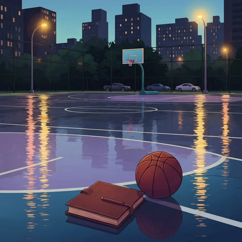 A moody 90s New York basketball court representing the jim carroll basketball diaries movie aesthetic.