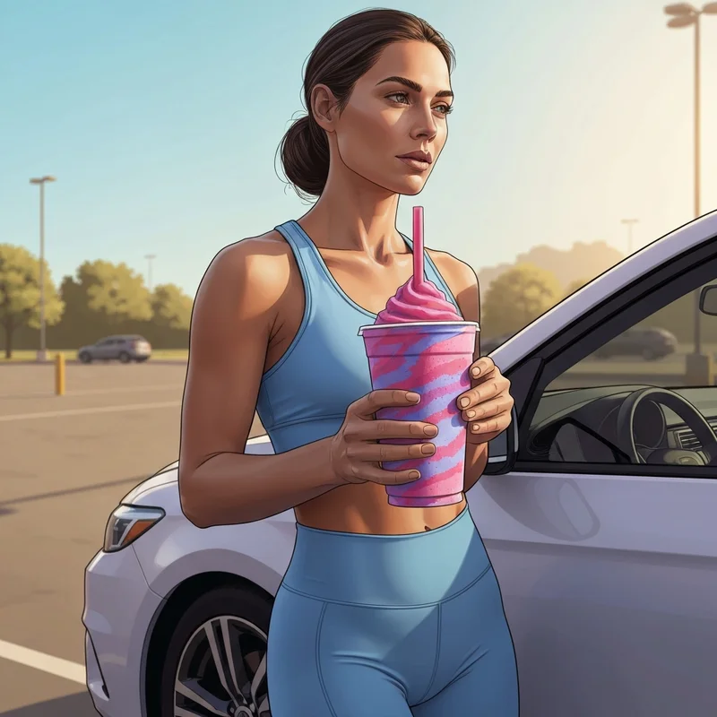 A woman holding a high-protein alternative to Dunkin Smoothies after a workout.
