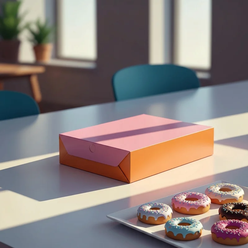 The iconic pink and orange box on a table representing how much for dozen donuts at dunkin donuts in a modern office setting.