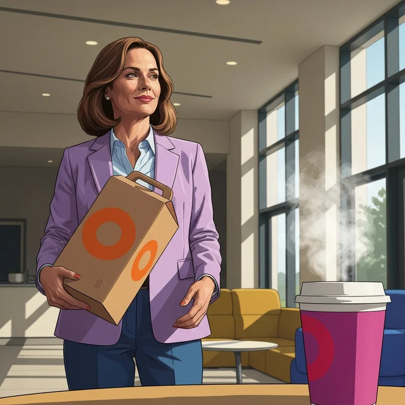 A professional woman carrying a coffee container, having researched the Dunkin Box of Joe price for her team.