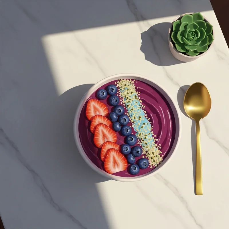 A close-up of a healthy breakfast bowl, exploring the question is acai bowls fattening in a modern wellness setting.