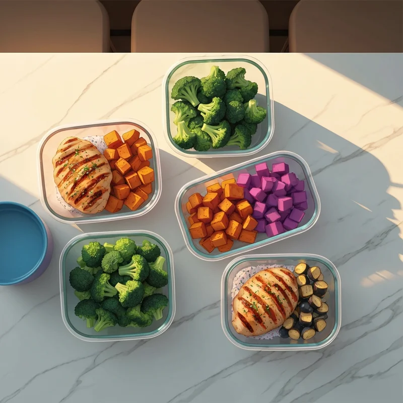 Aesthetic glass containers featuring healthy chicken meal prep ideas on a marble kitchen counter.