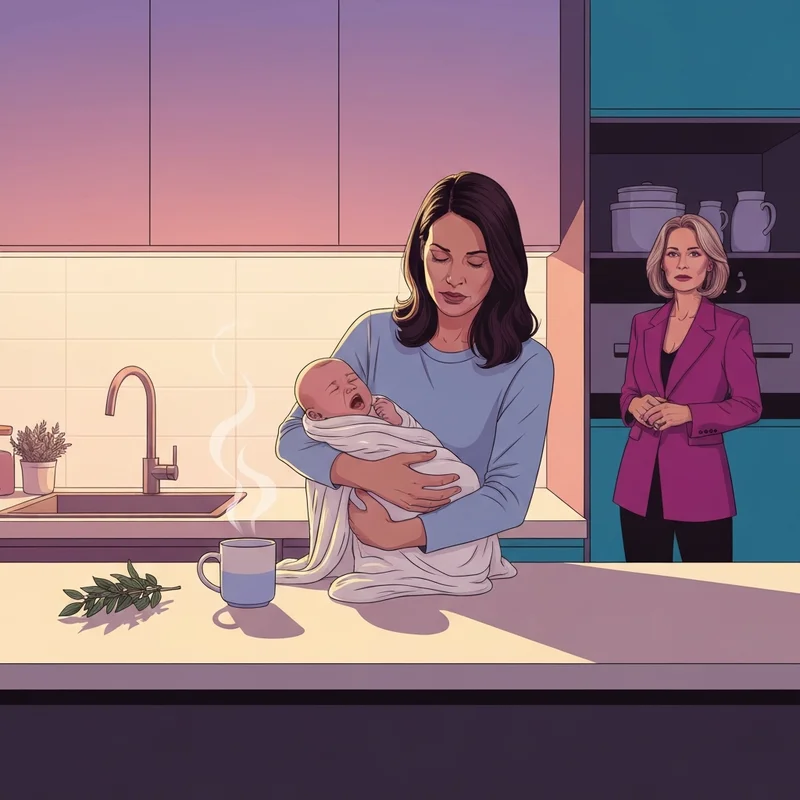 A tired mother holding a newborn in a kitchen, researching if peppermint tea for newborns is safe for colic.