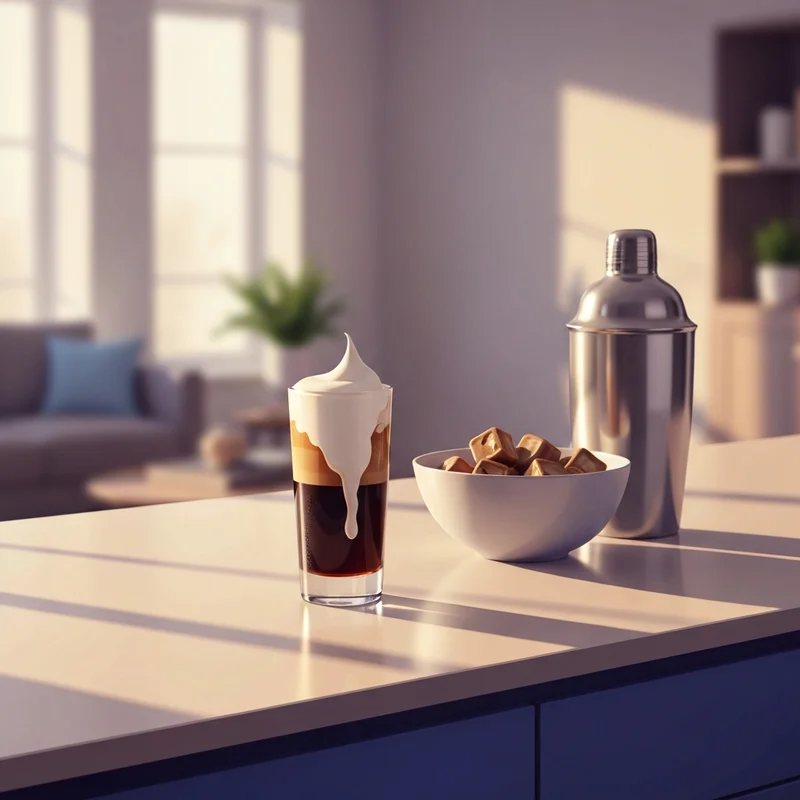 A perfectly layered starbucks iced coffee recipe in a tall glass with swirling vanilla sweet cream and coffee ice cubes.