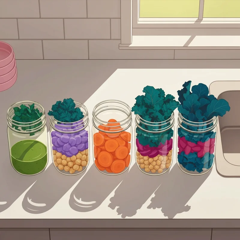 A series of glass mason jars showing the perfect layering for salad meal prep to keep ingredients fresh and crisp.