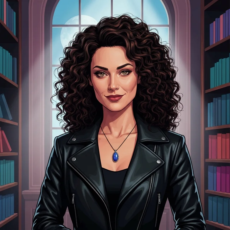 A woman wearing a Katherine from the vampire diaries costume featuring her signature curls and daylight necklace.