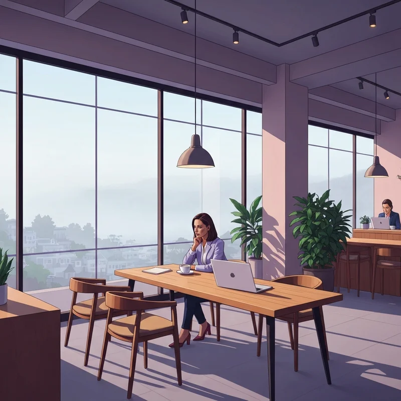 A professional woman working on her laptop at a Starbucks Alameda location with a view of the island fog.