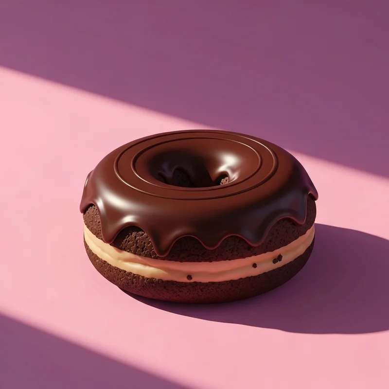 A glistening double chocolate doughnut dunkin on a pink background.