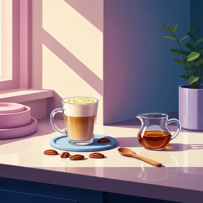 A cozy morning setup showing a homemade latte made with pecan syrup starbucks copycat recipe.
