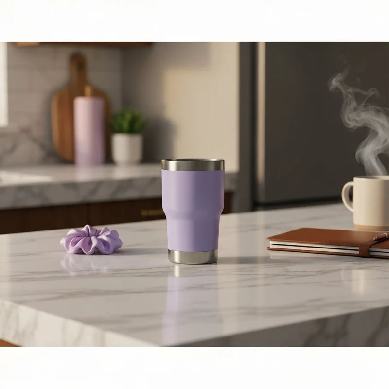 A close-up of a limited edition stanley x starbucks tumbler sitting on a modern kitchen counter during the morning.