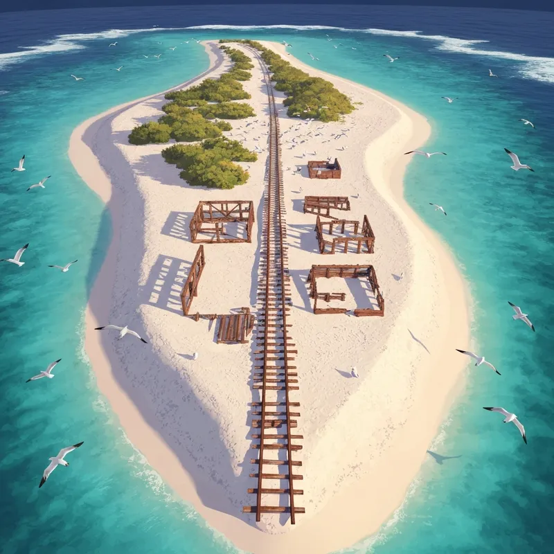 Aerial view of Starbuck Island Kiribati showing the mysterious guano mining ruins and tramlines in the coral sand.