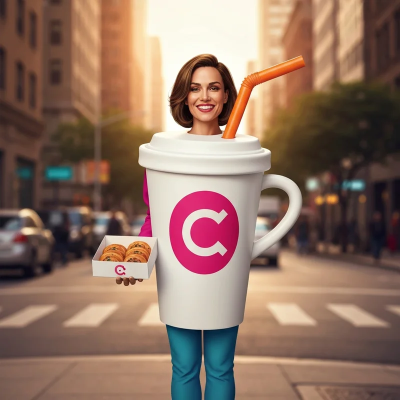 A young woman wearing a creative and high-energy dunkin donuts costume with an oversized coffee cup and branded accessories.