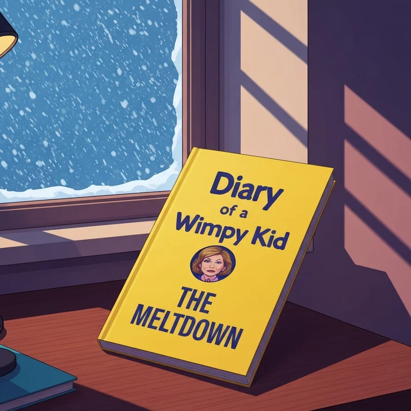 A copy of Diary of a Wimpy Kid The Meltdown on a desk during a snowstorm.