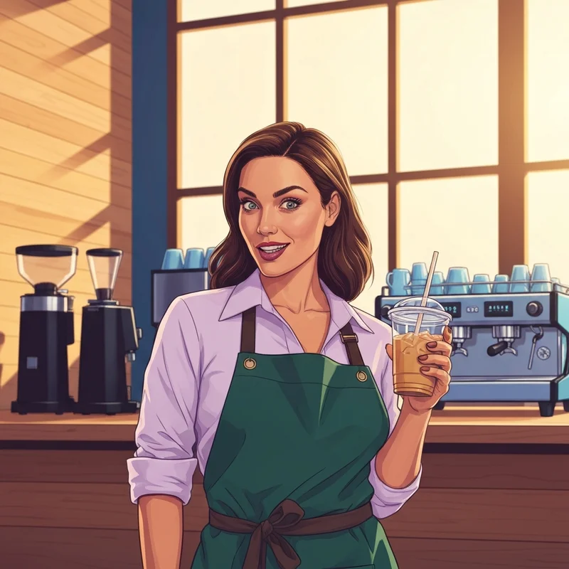 A professional actress portraying a barista, reminiscent of the viral ari kytsya starbucks video aesthetic.