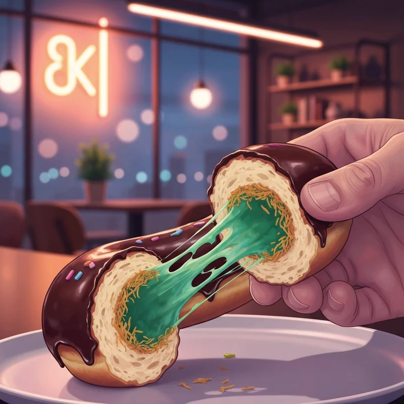 A close-up view of the viral dubai chocolate donut dunkin with its green pistachio filling visible.