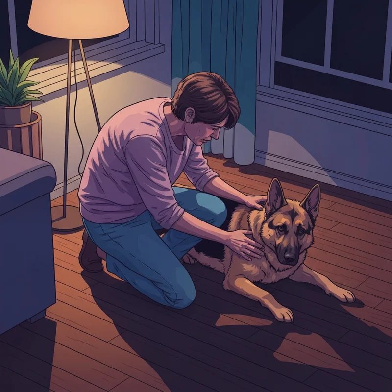 A concerned pet parent checking their dog for what are the first signs of bloat in a dog in a dimly lit living room.