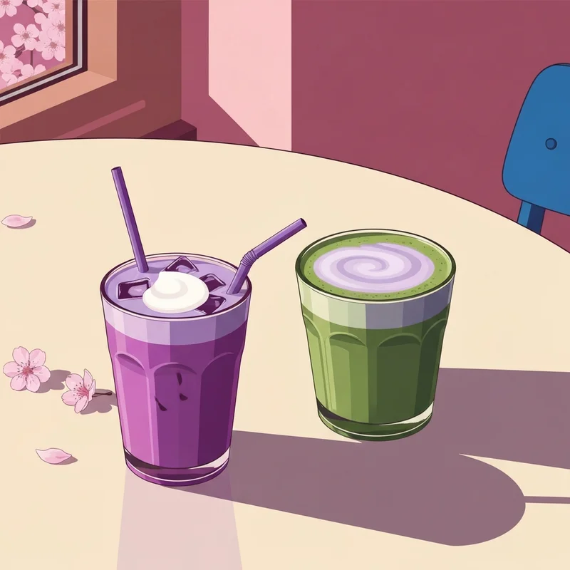 The vibrant purple and green drinks of the starbucks spring menu sitting on a sunlit cafe table.