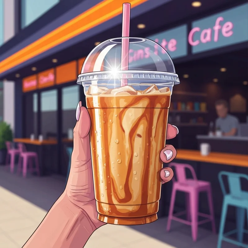 A close-up shot of an iced caramel coffee dunkin with visible cream swirls and caramel drizzle in a bright cafe setting.