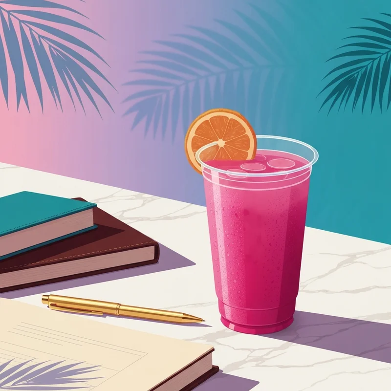 A vibrant tropical guava refresher dunkin sitting on a sunny desk with aesthetic summer vibes.