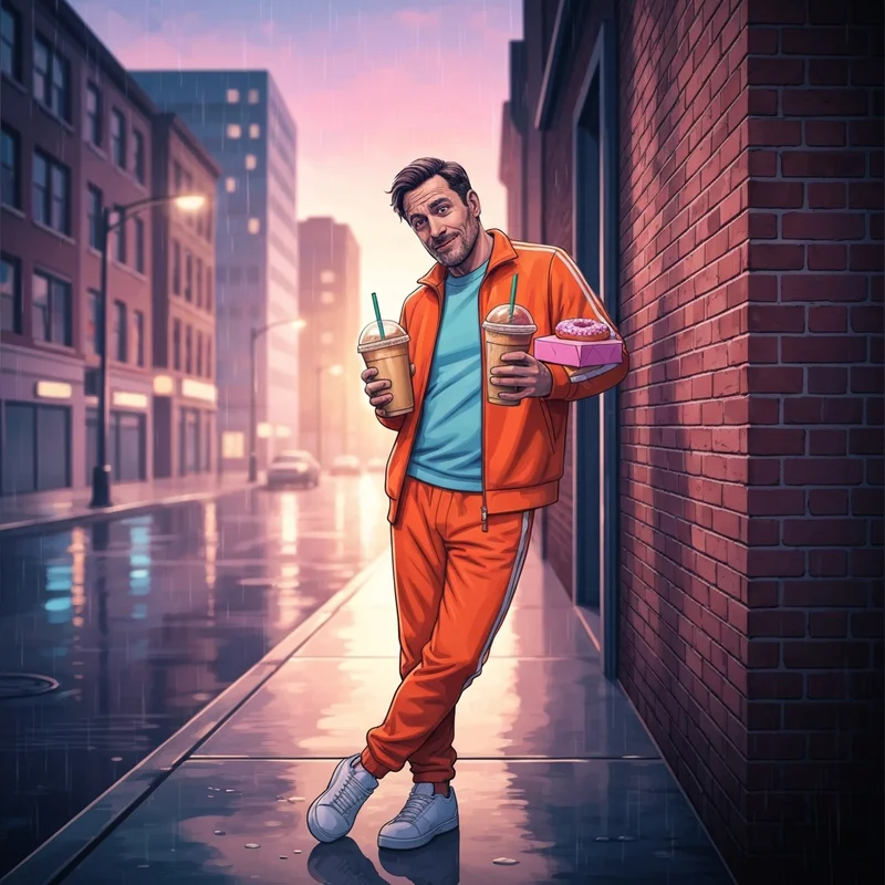 A man embodying the Ben Affleck Dunkin 'exhausted icon' aesthetic with coffee and donuts in a city setting.