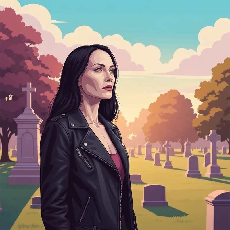 A cinematic portrait of a woman representing Isobel Vampire Diaries standing in a cemetery.