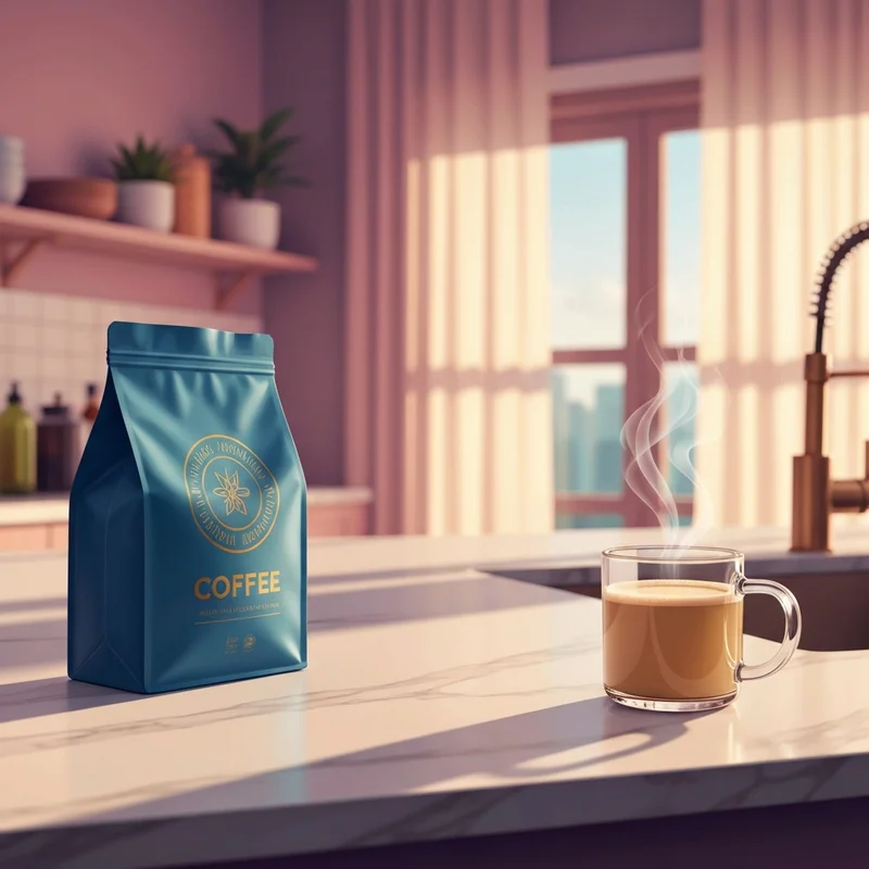A bag of sunsera blend starbucks on a kitchen counter at sunrise